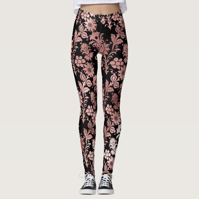 Beautiful pink floral damask black leggings (Front)