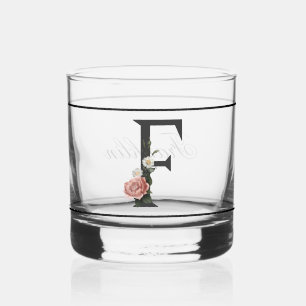 Beautiful Pink Floral Decorated Black Monogram F Whiskey Glass