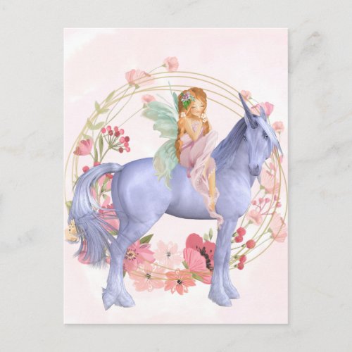 Beautiful Pink Floral Fairy and Unicorn Postcard