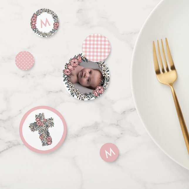 Beautiful Pink Floral Frame Cross Photo Baptism Confetti (Group)