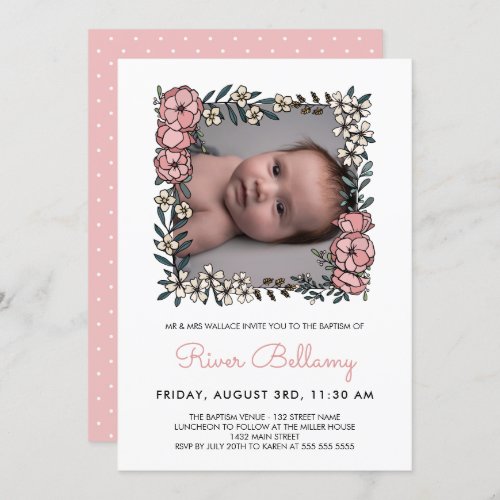 Beautiful Pink Floral Frame Photo Baptism Invitation