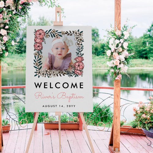 Beautiful Pink Floral Frame Photo Baptism Welcome Foam Board