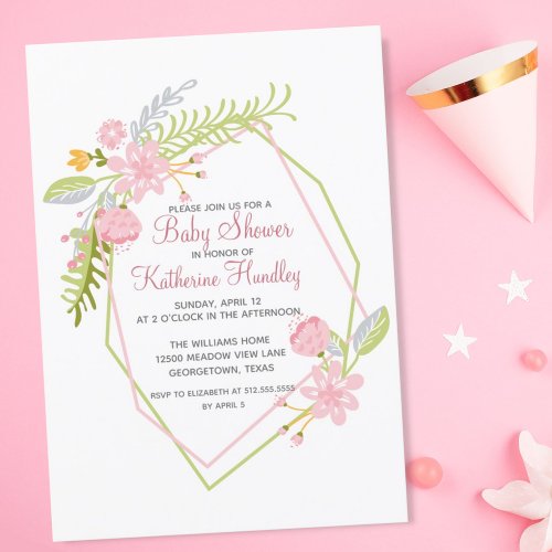 Beautiful Pink Floral Geometric Girl Baby Shower Invitation
