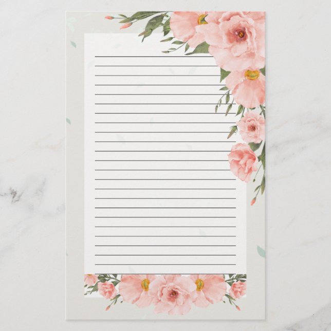 Beautiful Pink Floral Lined Stationery (Front)