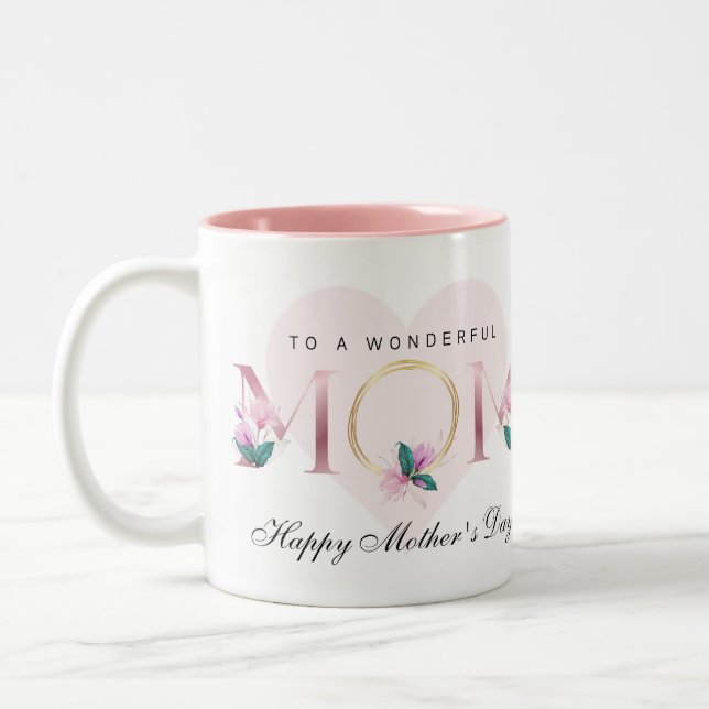 Beautiful Pink Floral Personalized Mother's dayMug Two-Tone Coffee Mug (Left)