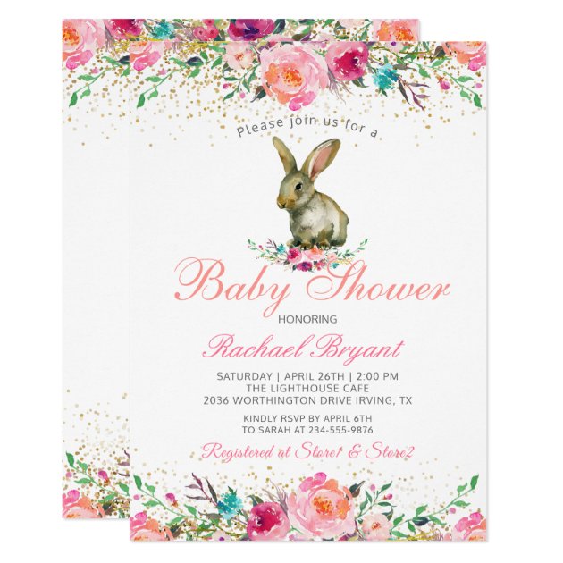 Beautiful Pink Floral Watercolor Bunny Baby Shower Invitation