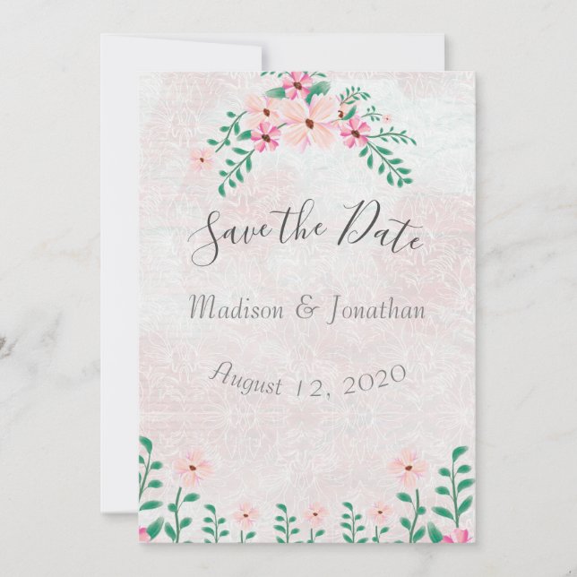 Beautiful Pink Floral Watercolor Wedding Save The Date (Front)