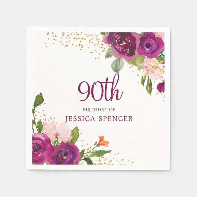 Beautiful Pink Floral Womans 90th Birthday Party Napkins (Front)