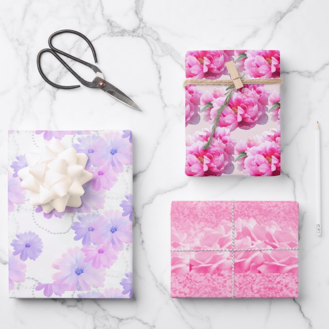 Beautiful Pink Floral Wrapping Paper Sheets (Front)