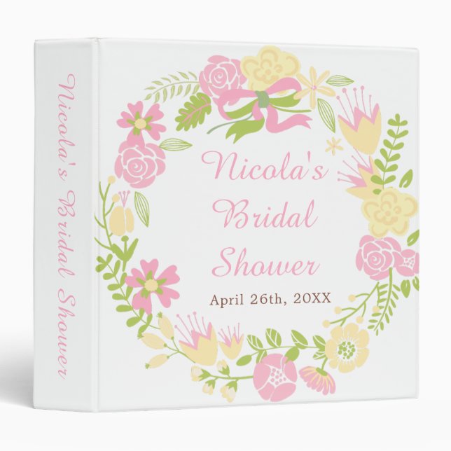Beautiful Pink Floral Wreath Bridal Shower  3 Ring Binder (Front/Spine)