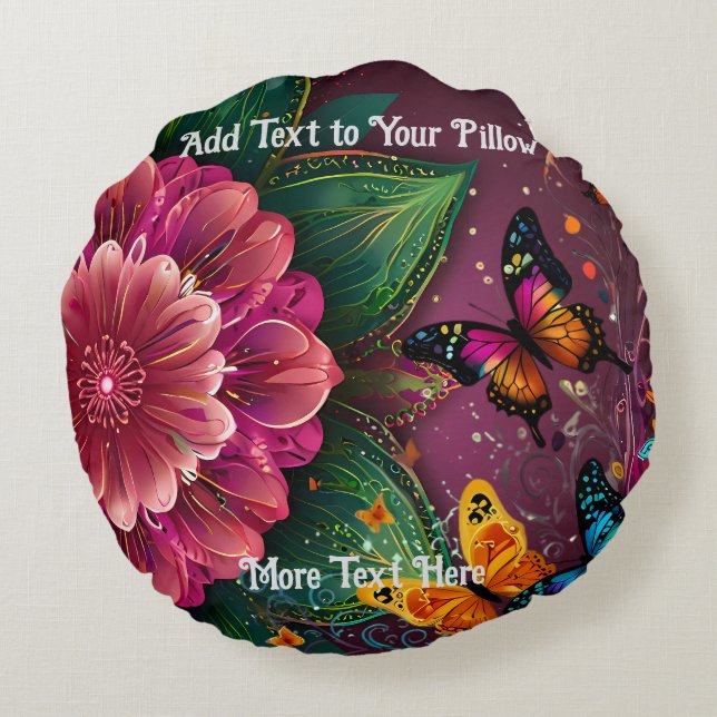 Beautiful Pink Flower and Butterflies design Round Pillow (Back)