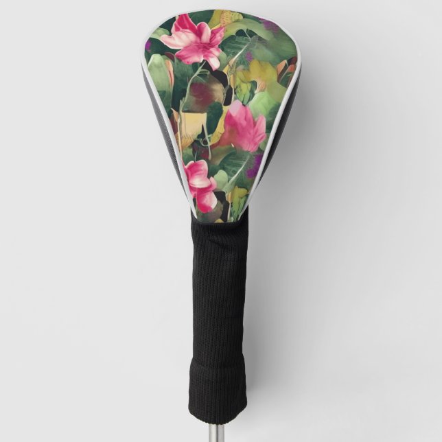Beautiful Pink Flower and Tropical Leaf Pattern  Golf Head Cover (Front)