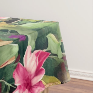 Beautiful Pink Flower and Tropical Leaf Pattern Tablecloth