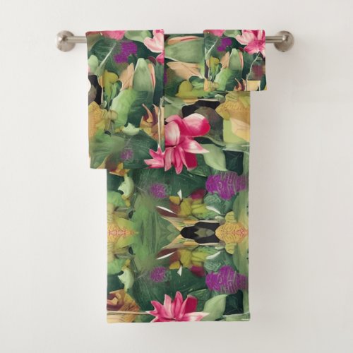 Beautiful Pink Flower and Tropical Leaf Pattern Th Bath Towel Set