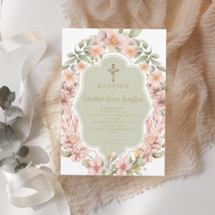 Beautiful Pink Flower Catholic Baptism Invitation