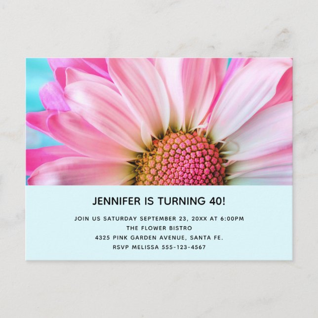 Beautiful Pink Flower Close Up Photo Birthday Invitation Postcard (Front)