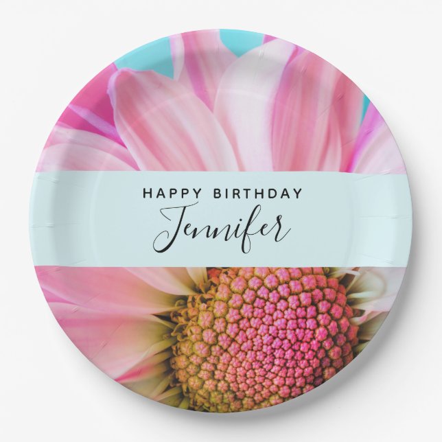 Beautiful Pink Flower Close Up Photo Birthday Paper Plates (Front)