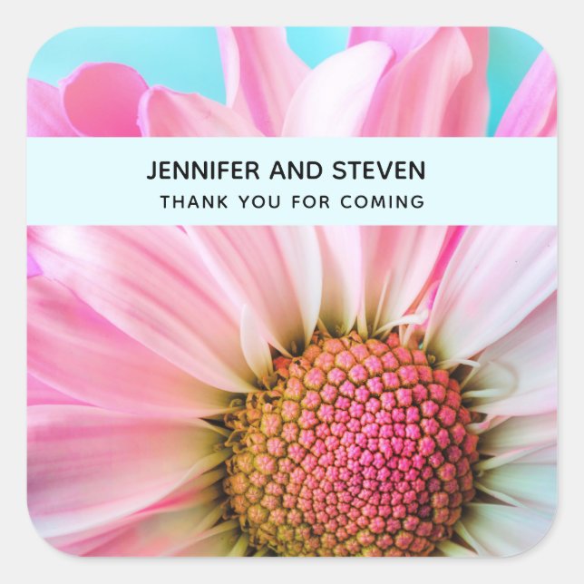 Beautiful Pink Flower Close Up Photo Wedding Square Sticker (Front)