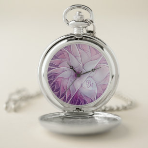Beautiful Pink Flower Modern Abstract Art Monogram Pocket Watch