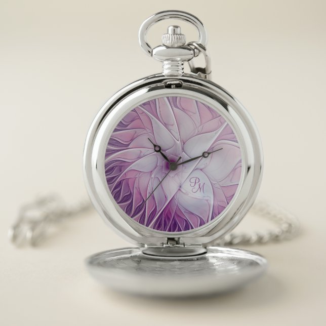 Beautiful Pink Flower Modern Abstract Art Monogram Pocket Watch (Inside)