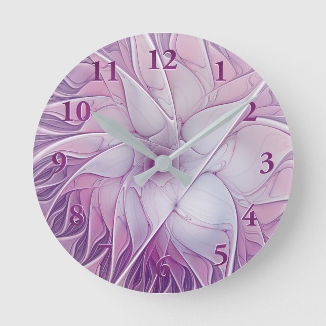 Beautiful Pink Flower Modern Abstract Fractal Art Round Clock (Front)
