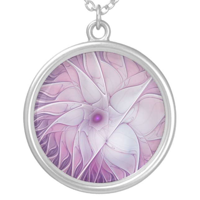 Beautiful Pink Flower Modern Abstract Fractal Art Silver Plated Necklace (Front)