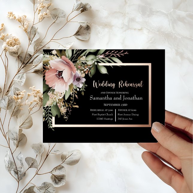 Beautiful Pink Flower on Rose Gold  Rehearsal Foil Invitation Postcard (Creator Uploaded)