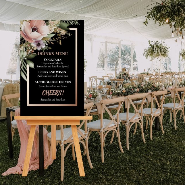 Beautiful Pink Flower Rose Gold Drinks Menu Sign (Creator Uploaded)