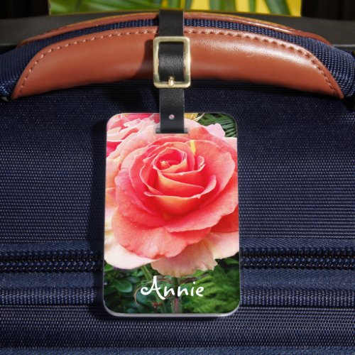 Beautiful pink flower rose photo custom name luggage tag