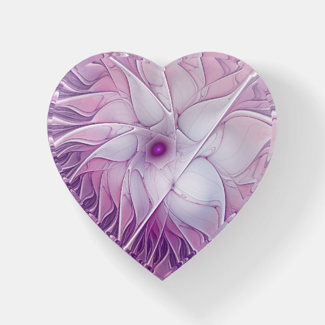Beautiful Pink Flower Trend Abstract Fractal Heart Paperweight (Front)
