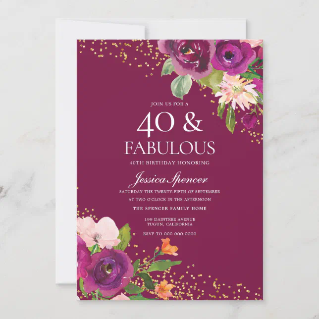 Beautiful Pink Flowers 40th Birthday Party Invitation | Zazzle
