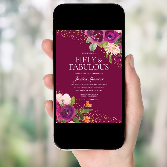 Beautiful Pink Flowers 50th Birthday Party Invitation (Front Digital)