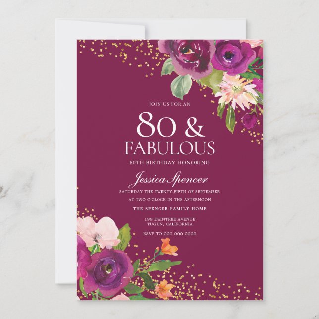 Beautiful Pink Flowers 80th Birthday Party Invitation (Front)