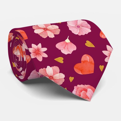 Beautiful Pink Flowers and Hearts  Neck Tie