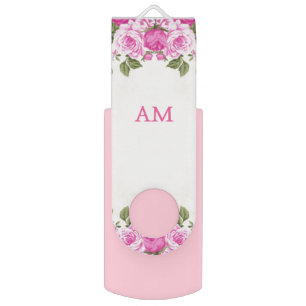 Beautiful pink flowers and monogram flash drive