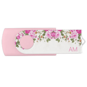Beautiful pink flowers and monogram flash drive