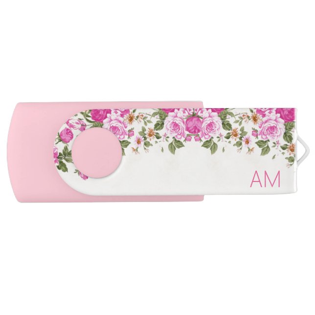 Beautiful pink flowers and monogram flash drive (Front)