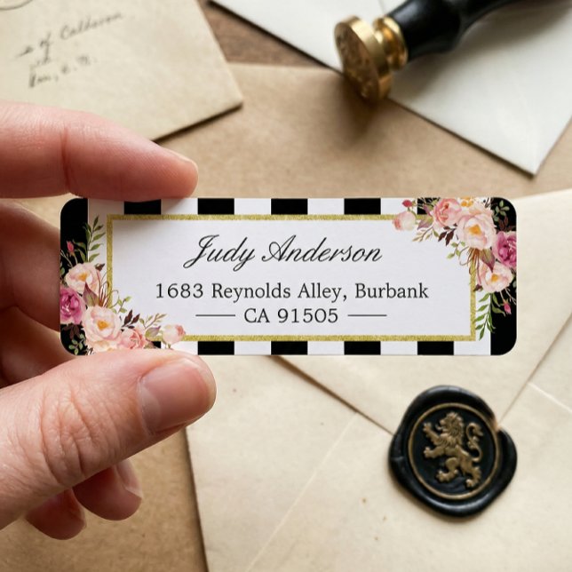 Beautiful Pink Flowers Classic Black White Stripes Label (Creator Uploaded)