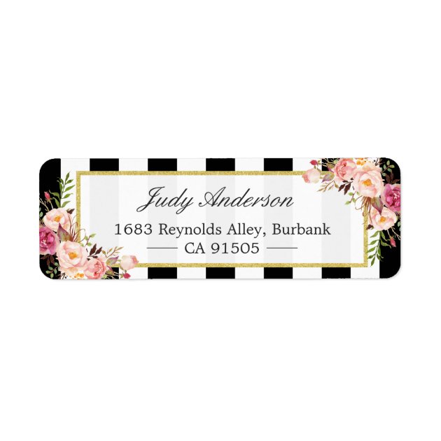 Beautiful Pink Flowers Classic Black White Stripes Label