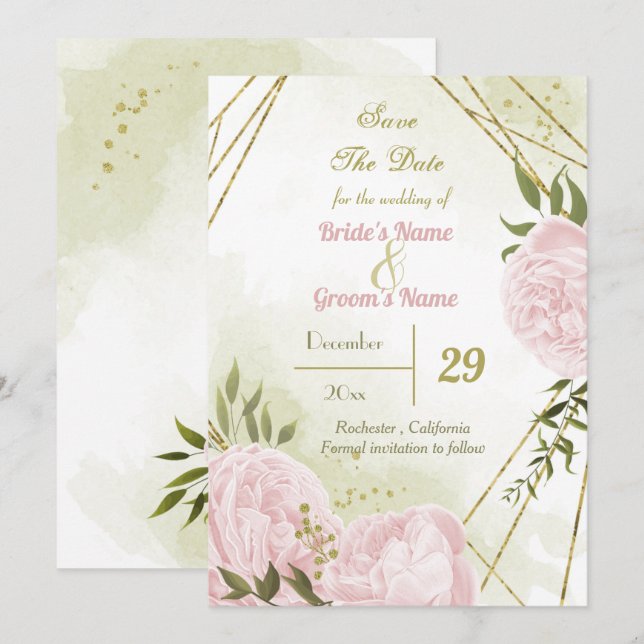 beautiful pink flowers green leaves botanical save the date (Front/Back)