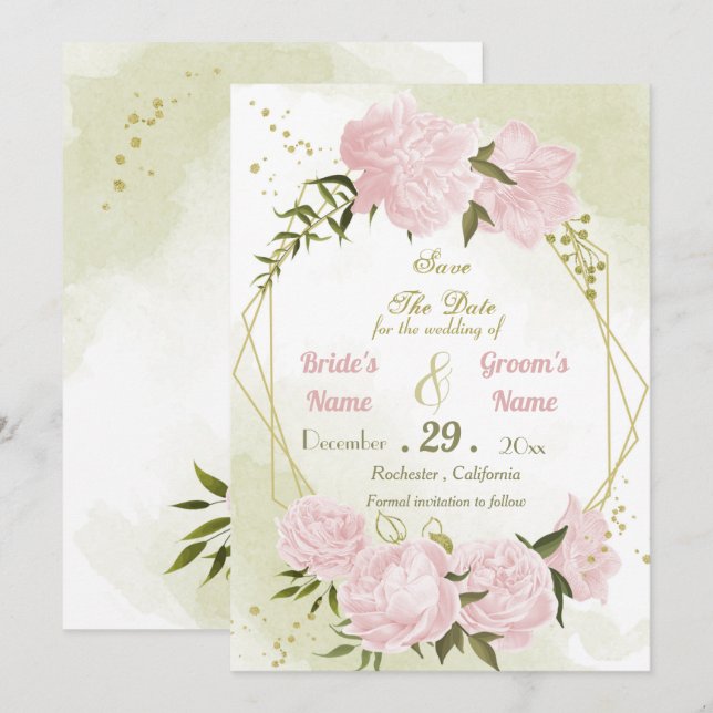beautiful pink flowers green leaves geometric save the date (Front/Back)