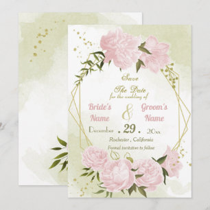 beautiful pink flowers green leaves geometric save the date