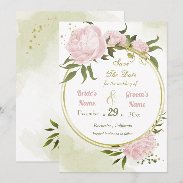 beautiful pink flowers green leaves wreath save the date (Front/Back)