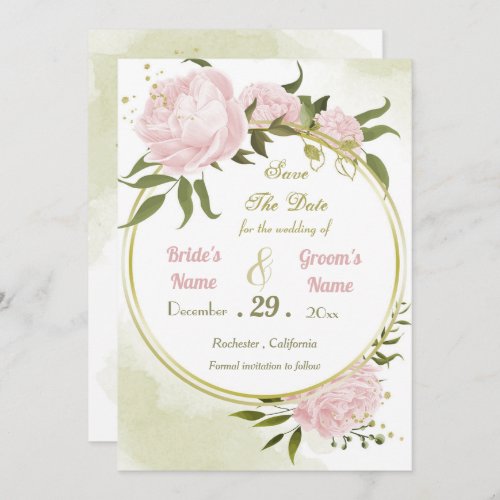 beautiful pink flowers green leaves wreath save the date
