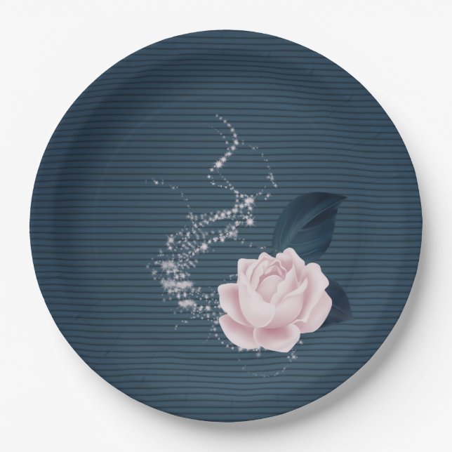 Beautiful pink flowers & navy leaves paper plates (Front)