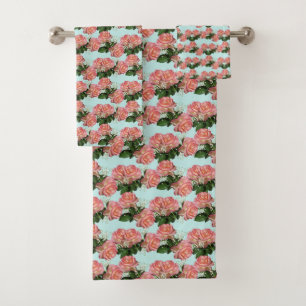 Beautiful Pink Flowers on Light Blue Bath Towel Set