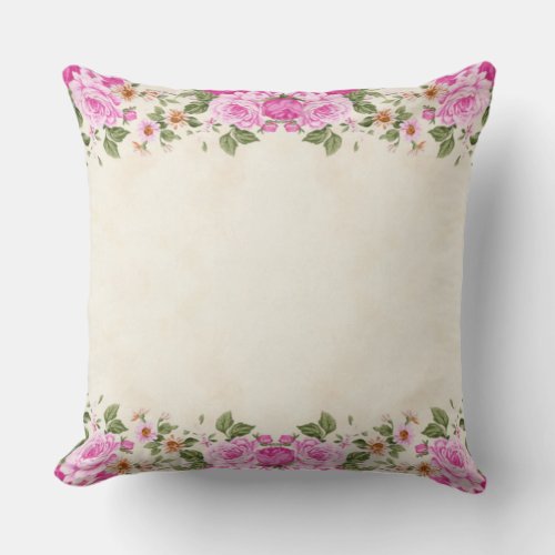 Beautiful pink flowers on light champagne beige throw pillow