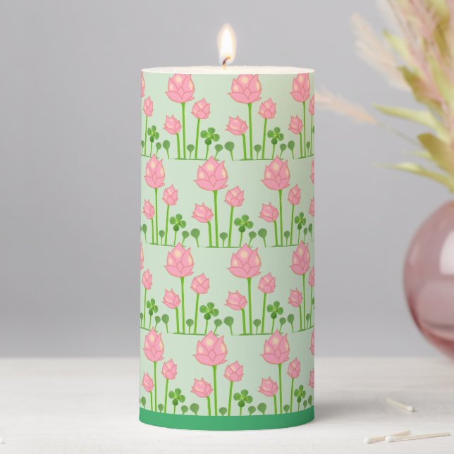 Beautiful Pink Flowers on Light Green Pillar Candle (In Situ)