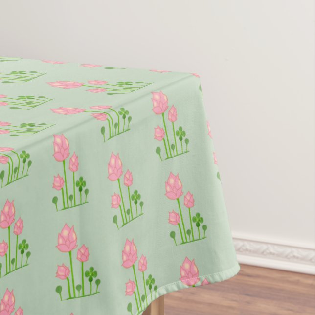 Beautiful Pink Flowers on Light Green Tablecloth (In Situ)