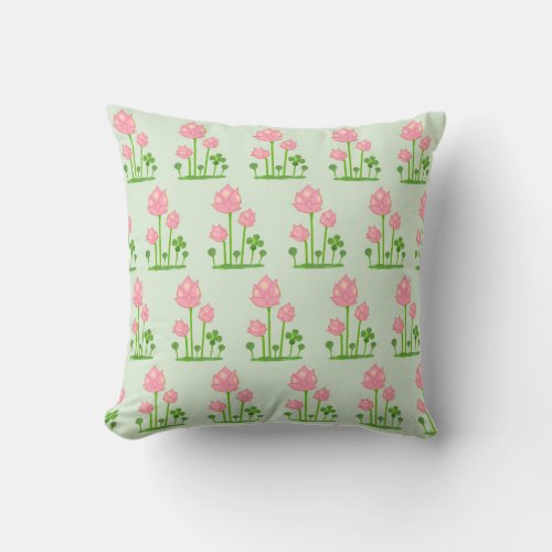 Beautiful Pink Flowers on Light Green Throw Pillow